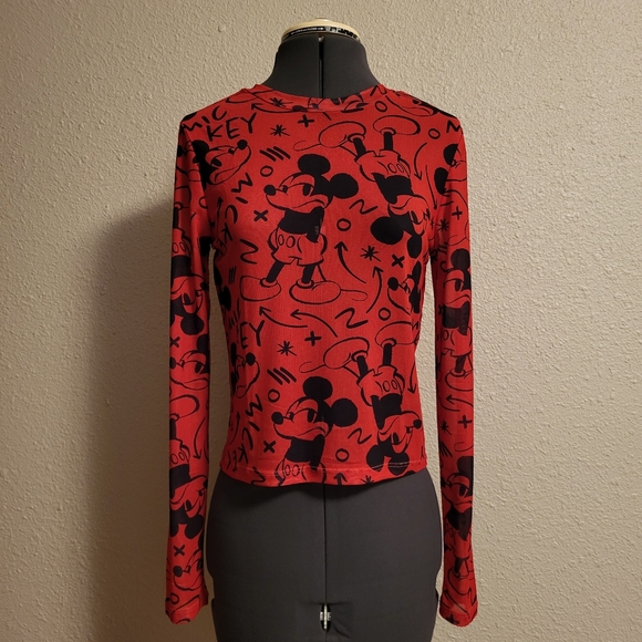 NWT Disney Mickey Mouse Red & Black Sheer Mesh Top Size Medium - Picture 1 of 8